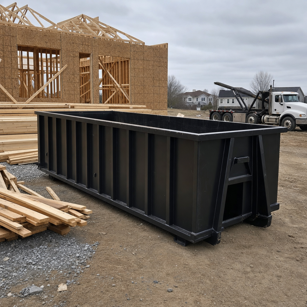 Matte-black 40-yard roll-off dumpster staged on a framed-out residential construction site in Dekalb, framing lumber stacked nearby, hooklift delivery truck visible in the background under bright Colorado daylight