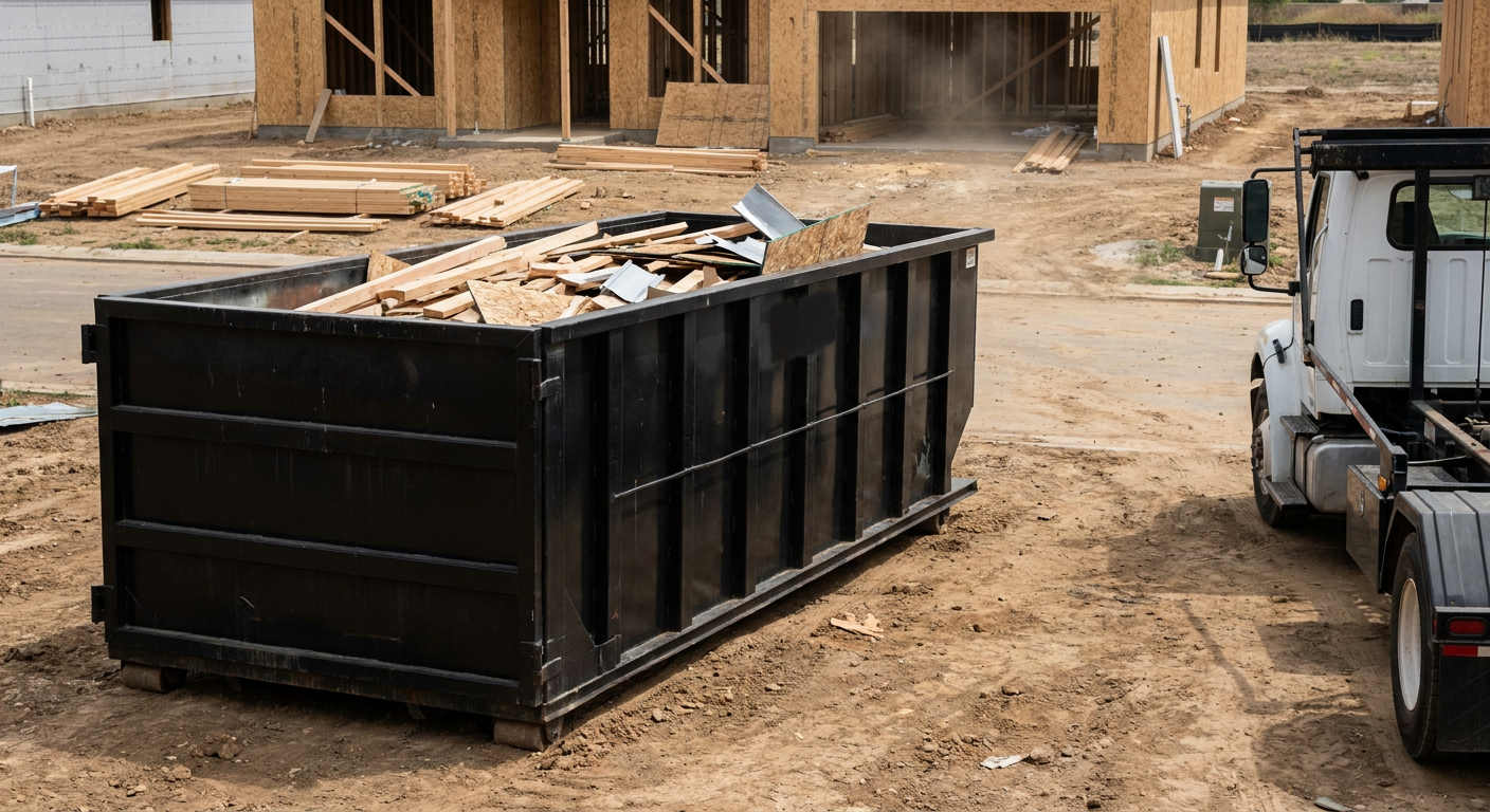 Matte-black 20-yard roll-off construction dumpster with heavy ribbed steel sidewalls and swing rear doors at a working jobsite in Dekalb, sitting directly on compacted dirt with an unmarked white hauler partially visible at the far edge of the frame.