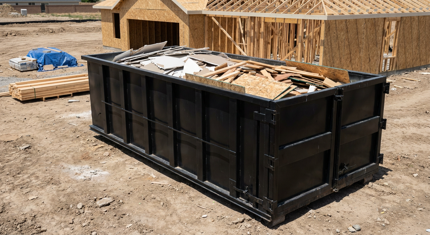 Matte-black 30-yard roll-off construction dumpster sitting directly on the compacted-dirt site of a framed single-family home build in Dekalb, drywall and lumber scrap loaded inside.