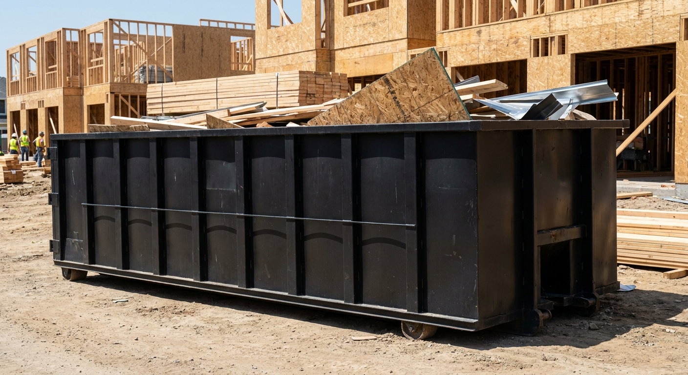 Matte-black 40-yard roll-off construction dumpster being lowered from a white-cab hooklift delivery truck onto the compacted-dirt jobsite at a commercial build site in Dekalb