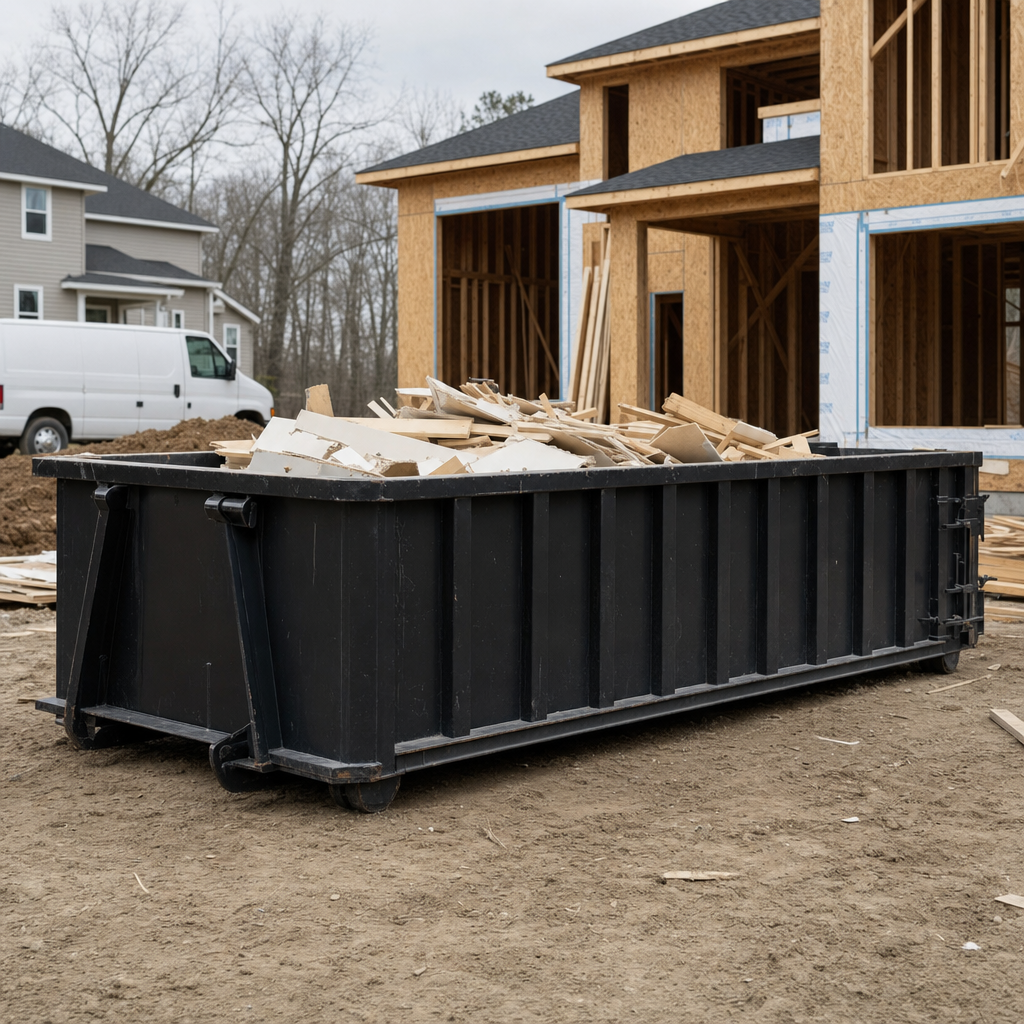 Worker in a yellow high-visibility vest tossing framing lumber and broken drywall into a matte-black 30-yard construction roll-off dumpster on an active build site in Dekalb, bright daylight