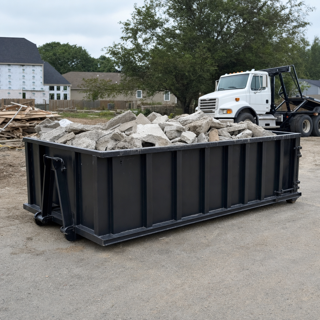 Low-profile matte-black lowboy roll-off dumpster loaded with broken concrete slab and rebar at a foundation tear-out in Dekalb, skid steer parked beside it, sunny Colorado morning
