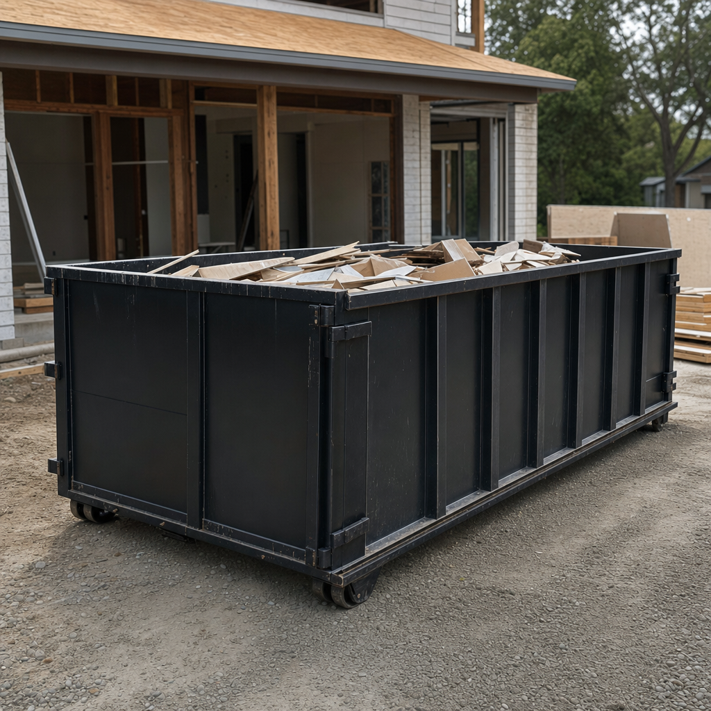Large matte-black 30-yard construction roll-off dumpster at an active Dekalb jobsite, steel-gray top rails and bottom rollers visible, loaded with construction debris.