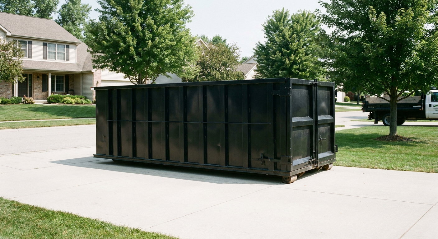 Matte-black 20-yard roll-off dumpster sitting level on a clean Dekalb residential concrete driveway under bright daylight, demonstrating clean placement directly on the concrete.