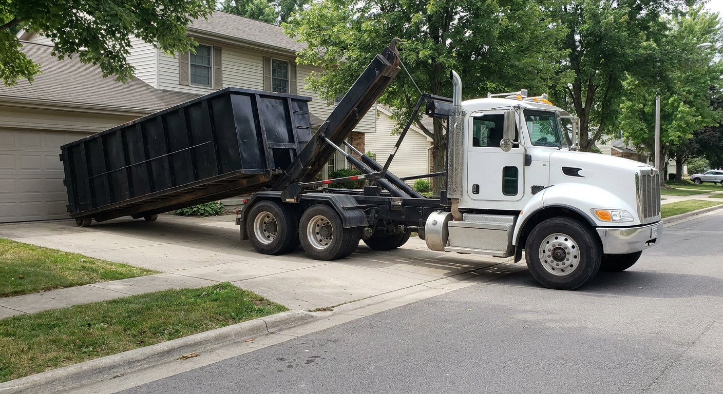 White-cab hooklift roll-off truck actively lowering a matte-black dumpster onto a Dekalb residential concrete driveway, the dumpster's rear wheels touching the driveway as the hoist arm tilts the bed forward, mid-morning daylight.
