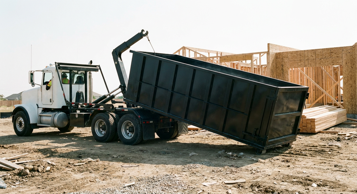 Matte-black roll-off dumpster being delivered onto a clean residential concrete driveway in Dekalb by an unmarked white hooklift hauler truck, bright morning daylight, documentary 35mm perspective.