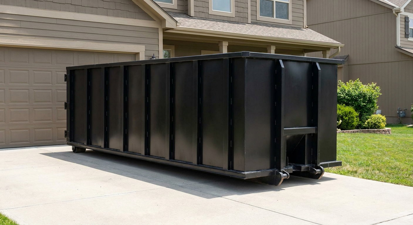 Matte-black residential roll-off dumpster sitting directly on a suburban Dekalb concrete driveway, garage door closed, single-family home in background, bright morning daylight.