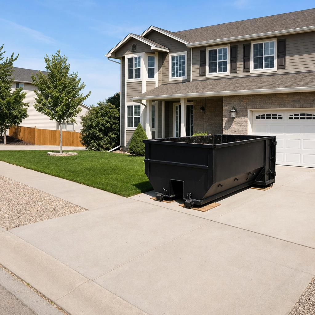 10-yard matte-black residential dumpster placed directly on a narrow Dekalb concrete driveway, room remains for a parked sedan beside it, mid-morning natural light