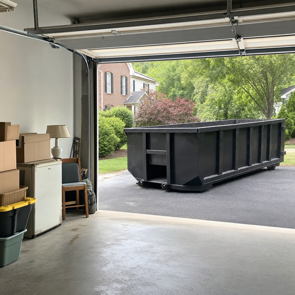 Open garage interior in a Dekalb home mid-cleanout — boxed items, an old appliance, and stacked yard tools queued near the driveway for a matte-black roll-off dumpster, organized and calm
