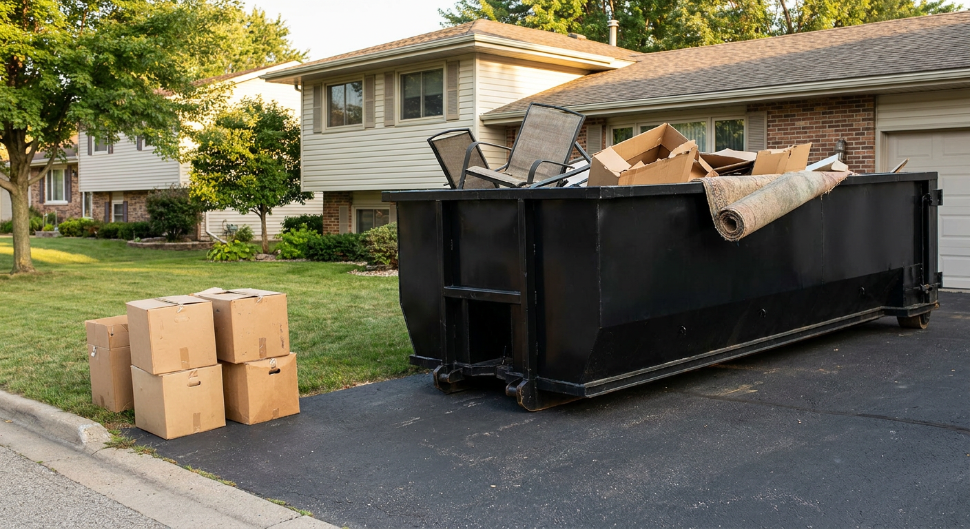 Front-yard view of a Dekalb split-level home with a 20-yard matte-black roll-off dumpster sitting directly on the asphalt driveway, a few clearly labeled donation boxes staged at the curb, calm sunny afternoon.