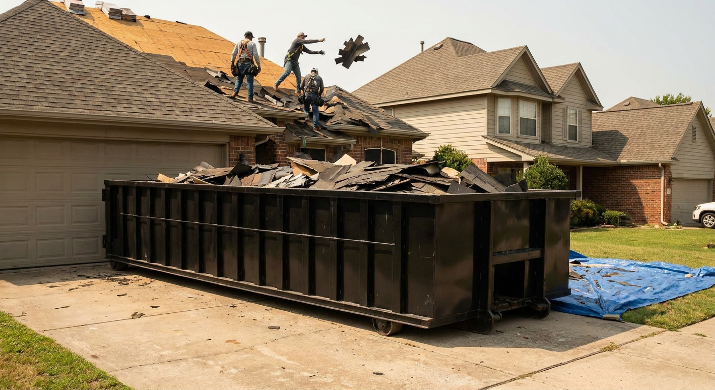 Matte-black roofing roll-off dumpster placed directly on a Dekalb residential concrete driveway, a tear-off crew on a two-story asphalt-shingle roof tossing shingle bundles into the low-walled container, bright daylight, documentary 35mm perspective.