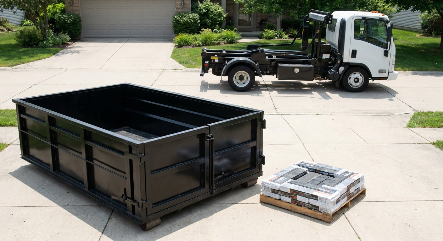 Matte-black 15-yard roofing roll-off dumpster with reinforced low side walls sitting directly on a Dekalb residential concrete driveway, three-tab asphalt shingle bundles stacked nearby, an unmarked white hauler truck partially visible at the edge of the frame.