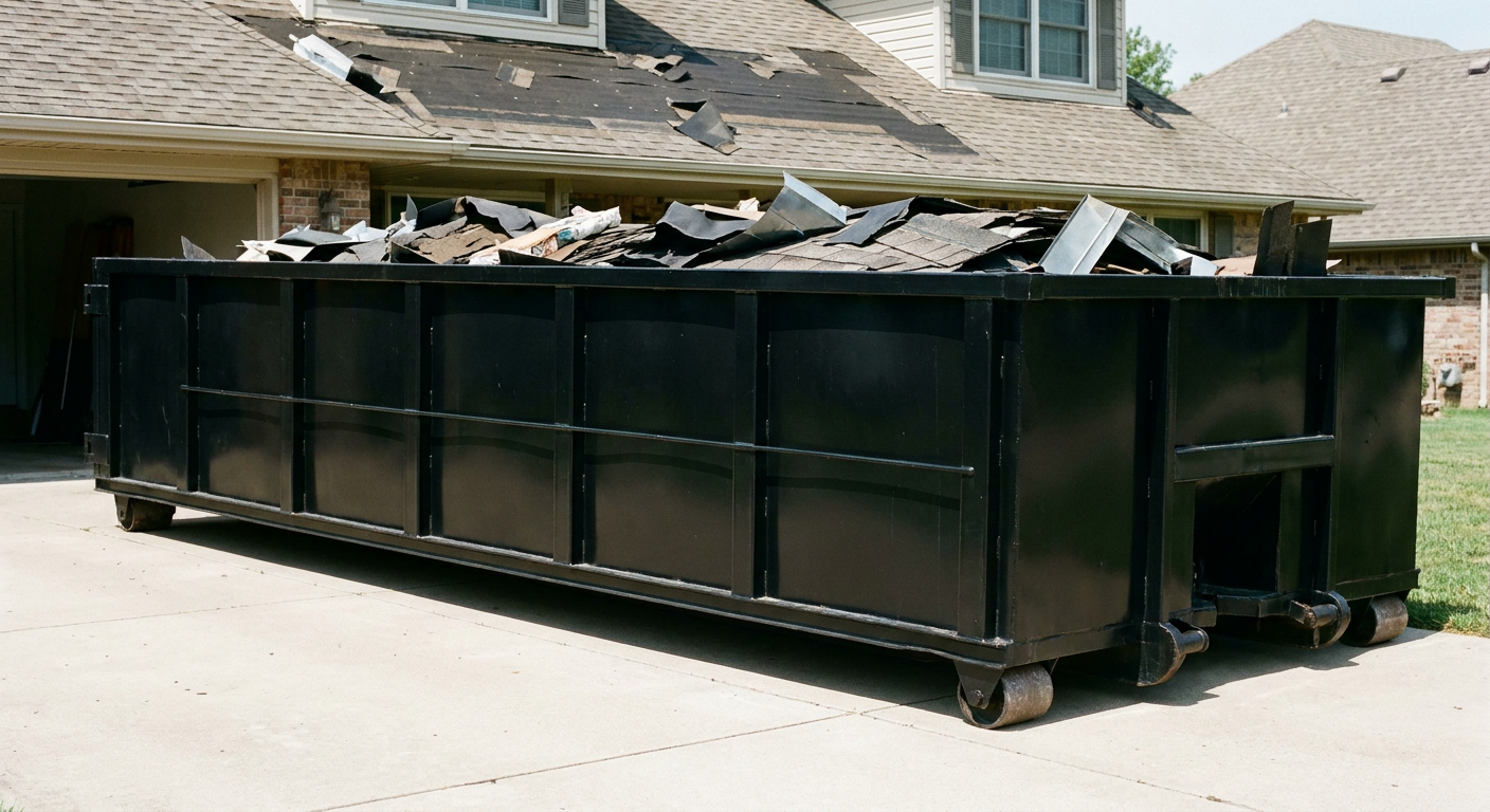 Matte-black 20-yard roofing roll-off dumpster with steel ribbed sides and swinging rear door, sitting directly on the concrete driveway of a two-story Dekalb home, asphalt shingle debris being loaded over the low wall, clean documentary lighting.