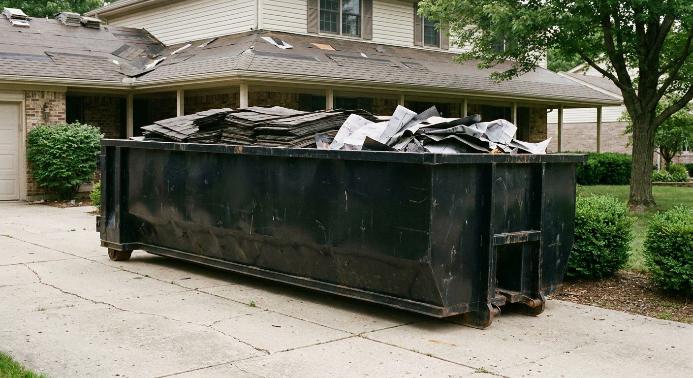 Matte-black 30-yard roofing roll-off dumpster sitting directly on a Dekalb concrete driveway, taller ribbed steel side panels, mixed tear-off debris of asphalt shingles and underlayment inside, professional documentary daylight.