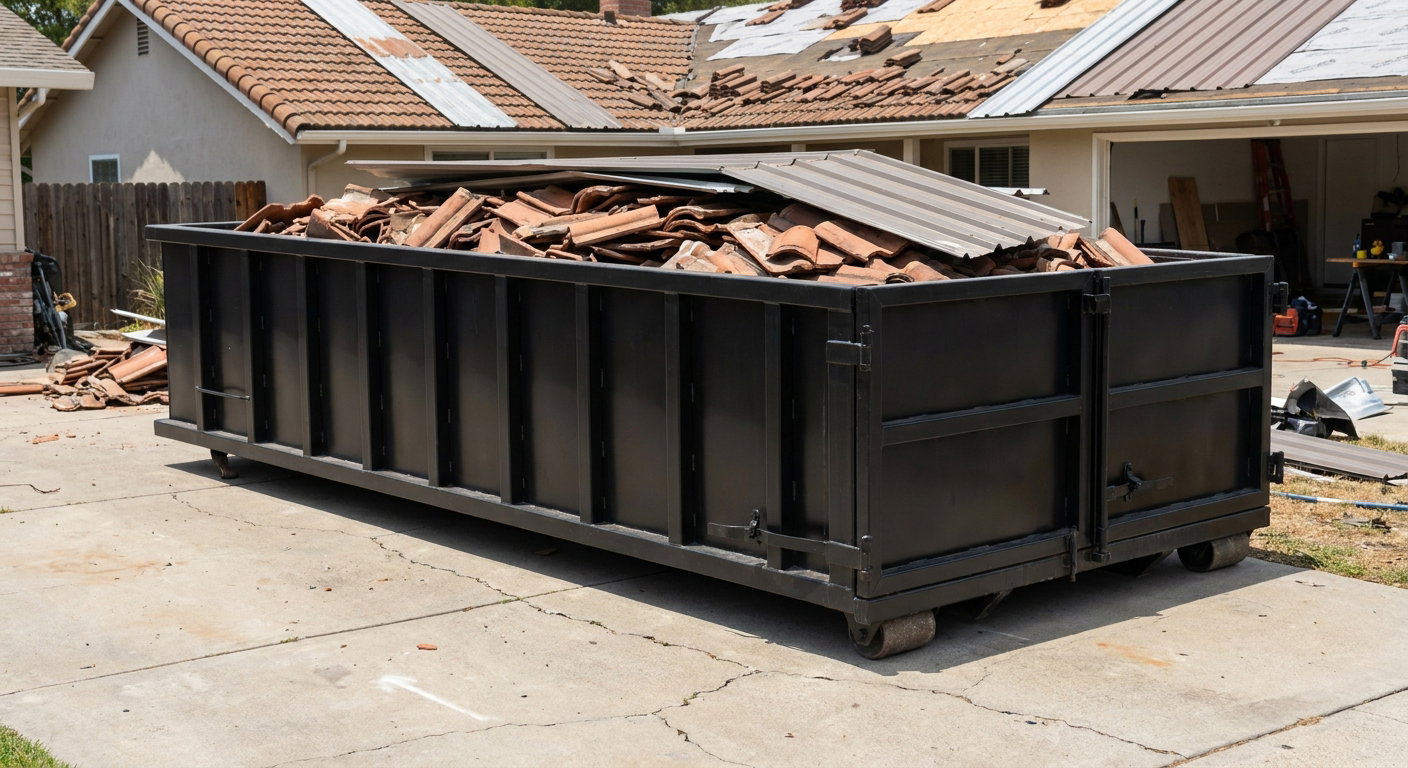 Matte-black low-wall heavy-debris roofing roll-off dumpster sitting directly on a Dekalb concrete driveway, broken concrete clay roof tiles and metal panel sections loaded inside, reinforced ribbed steel side walls visible, bright outdoor daylight.