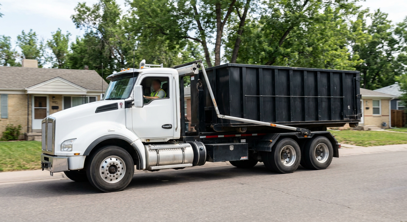 A wide documentary shot of a matte-black roll-off delivery truck pulling onto a quiet Dekalb residential street at mid-morning, with neighborhood rooftops and tree-lined blocks visible behind, showing the metro coverage footprint.