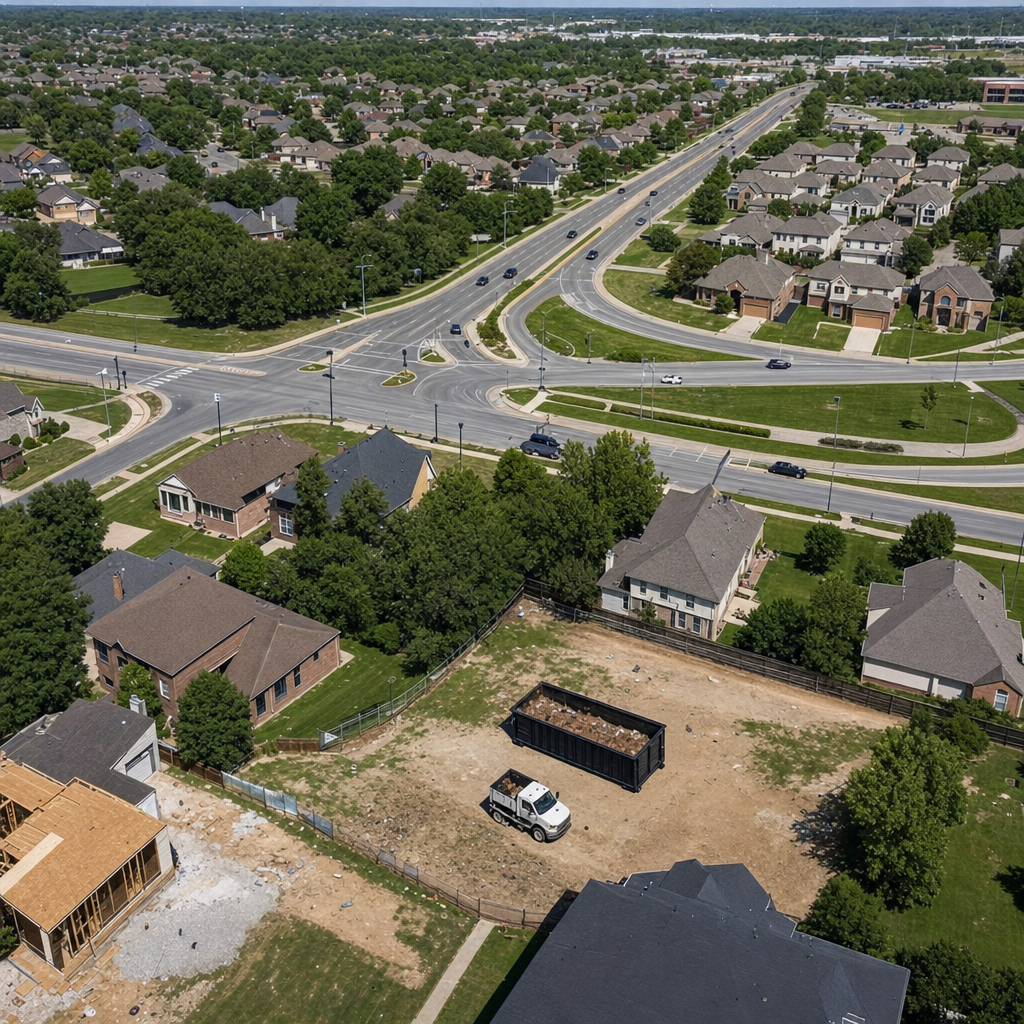An overhead documentary view of the Dekalb metro area at midday, showing the spread of neighborhoods, arterial roads, and the dispatch radius from a central yard — clean daylight, organized geographic layout.