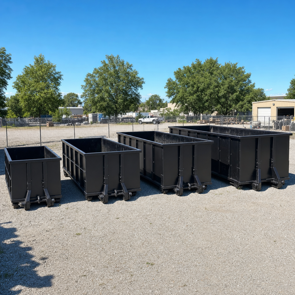 A clean lineup of matte-black roll-off dumpsters in 10, 20, 30, and 40-yard sizes staged on a sunlit gravel yard in Dekalb, showing the size progression from compact to commercial-scale containers.