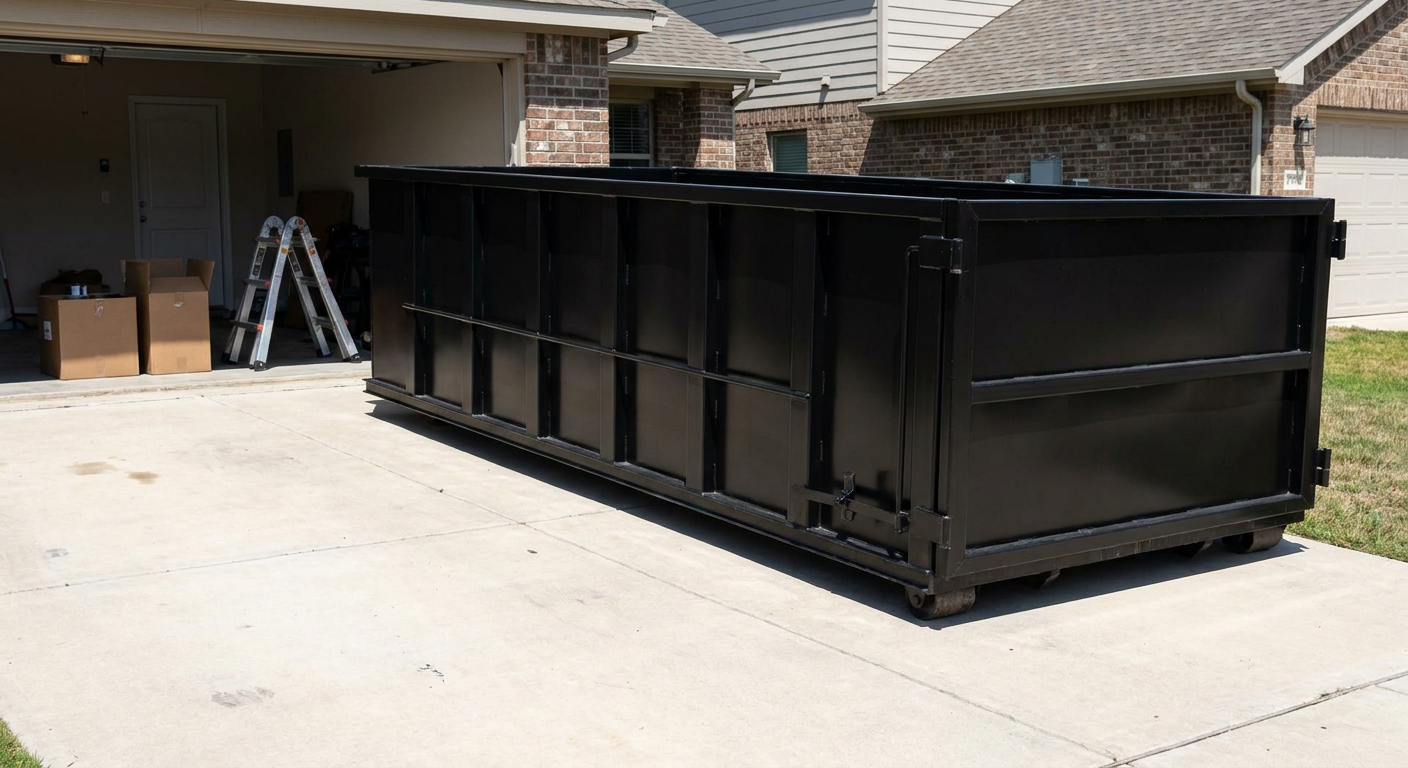 A matte-black 10-yard roll-off dumpster sitting directly on a residential Dekalb concrete driveway, mid-day sunlight, clean and ready for a garage cleanout.