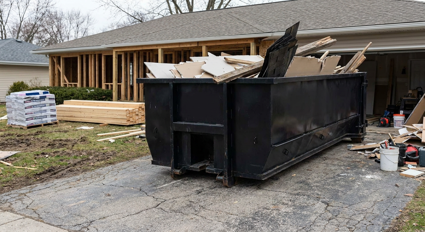A matte-black 20-yard roll-off dumpster placed alongside a mid-renovation Dekalb home directly on the asphalt driveway, with framing materials and torn-off shingles staged neatly nearby.