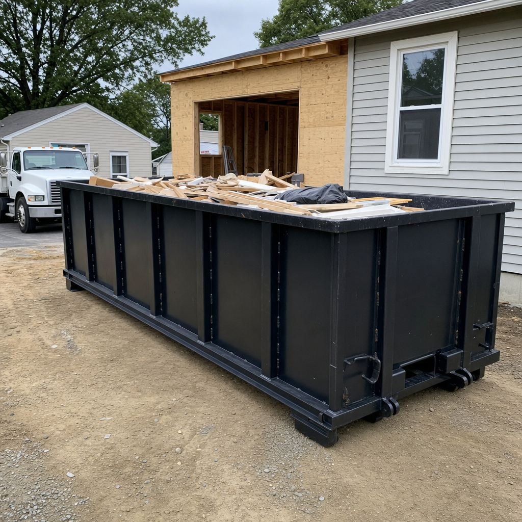A matte-black 30-yard roll-off dumpster positioned at a Dekalb residential addition jobsite, with framing lumber and drywall scraps loaded through the open swinging rear doors.