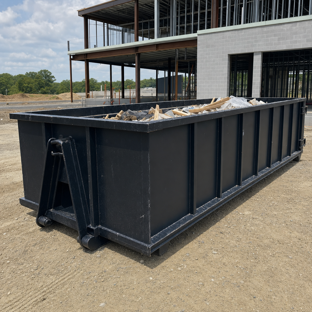 A matte-black 40-yard roll-off dumpster staged on a large Dekalb commercial construction lot, with a hooklift delivery truck parked alongside under bright midday sky.