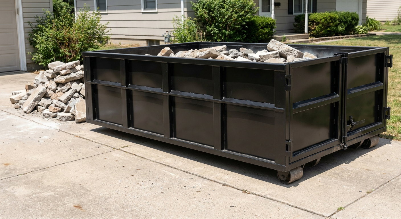 A matte-black low-side heavy-debris roll-off dumpster placed directly on a Dekalb concrete driveway, with broken concrete chunks neatly stacked beside it under clean daylight.